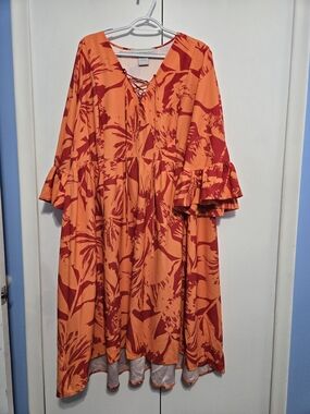 Monroe + Main 20W Orange Tropical Midi Dress Bell Sleeve Plus Size